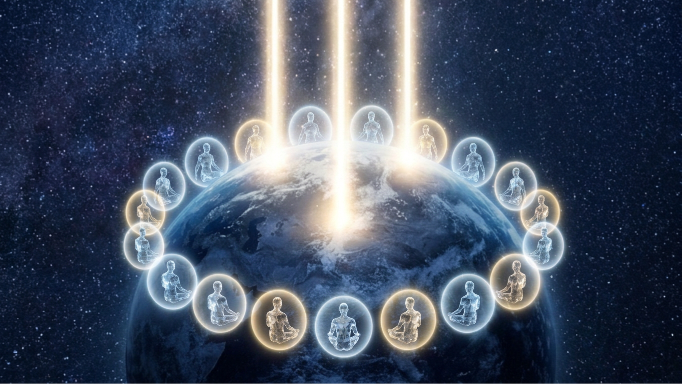 Le Langage de Lumière : comprendre et vivre les cercles de méditation collective Cercle de méditants qui canalisent la lumière des hautes sphères de conscience vers Gaïa — Foundation of Light